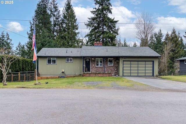 ranch-style home featuring aphalt driveway, a chimney, a front yard, fence, and a garage