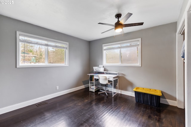 home office with visible vents, ceiling fan, baseboards, and wood finished floors