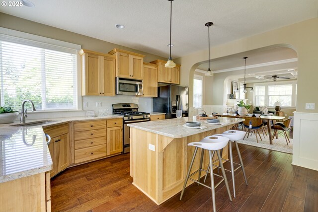 7010 N Kellogg St, Portland, OR 97203 - kitchen featuring appliances with stainless steel finishes, arched walkways, a sink, a wainscoted wall, and light brown cabinetry