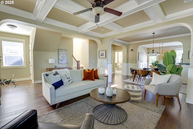 7010 N Kellogg St, Portland, OR 97203 - living area featuring arched walkways, coffered ceiling, hardwood / wood-style flooring, a ceiling fan, and beam ceiling