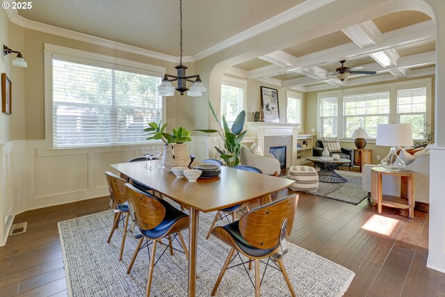 7010 N Kellogg St, Portland, OR 97203 - dining space featuring a glass covered fireplace, healthy amount of natural light, dark wood-style flooring, a wainscoted wall, and beam ceiling