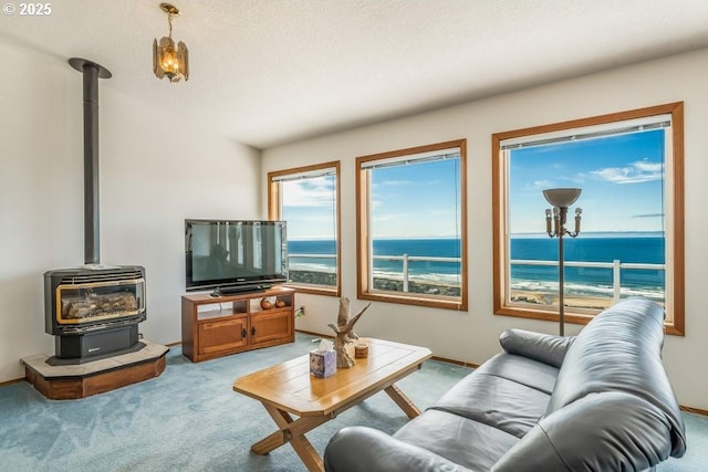461 Terrace Dr, Rockaway Beach, OR 97136 - living room with a wood stove and light carpet