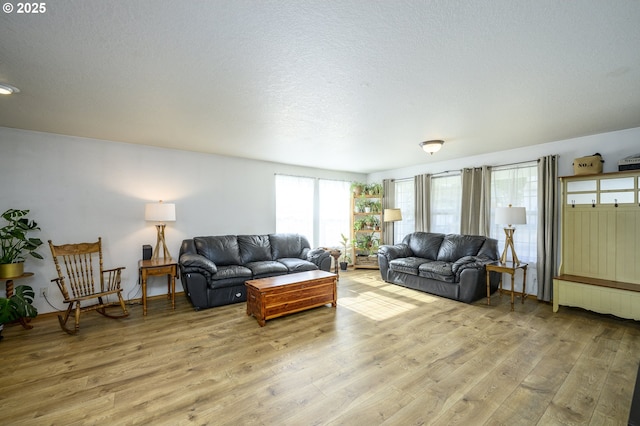 living area featuring a textured ceiling and light wood-style flooring