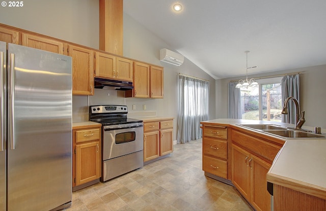 15807 NE 48th Cir, Vancouver, WA 98682 - kitchen with appliances with stainless steel finishes, under cabinet range hood, lofted ceiling, a chandelier, and a wall mounted AC