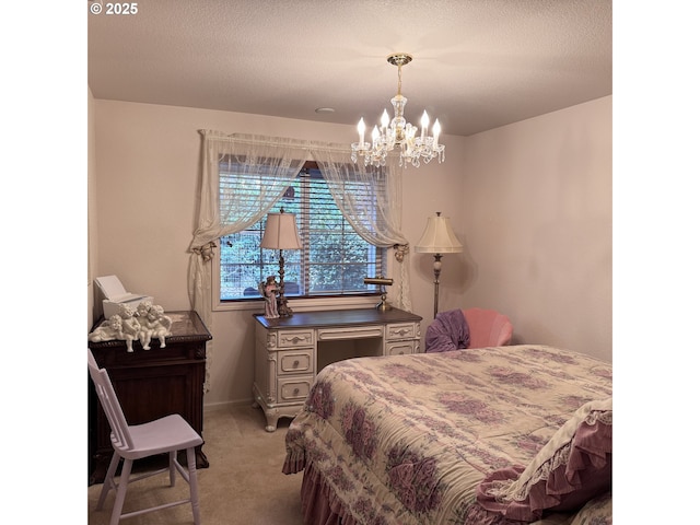 bedroom with a textured ceiling, baseboards, a chandelier, and light carpet