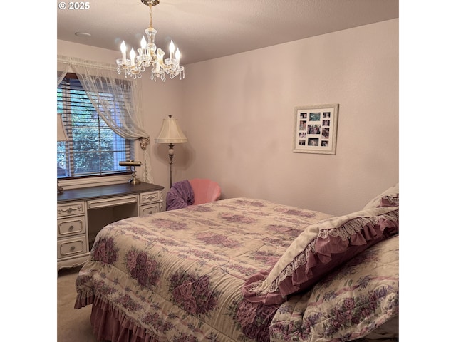 bedroom with carpet and a chandelier