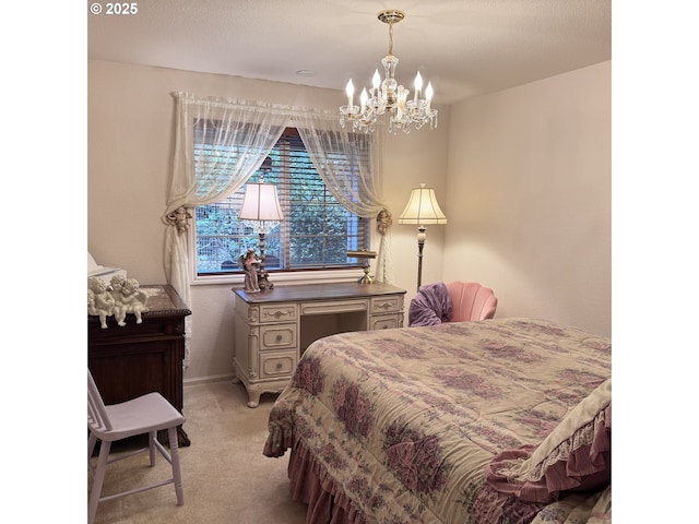 bedroom with baseboards, light carpet, and a chandelier