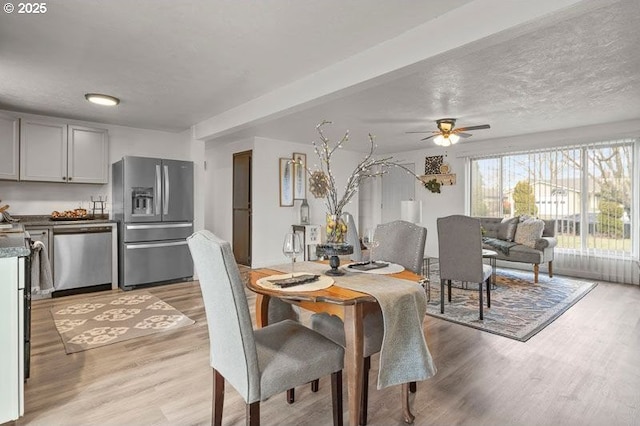 dining room featuring a textured ceiling, a ceiling fan, and light wood-style floors