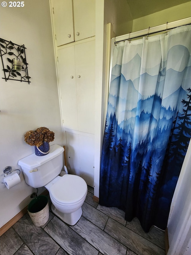 bathroom with toilet, wood finish floors, and a shower with curtain