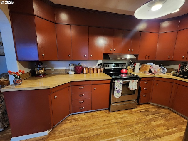 kitchen featuring stainless steel range with electric cooktop, under cabinet range hood, light wood-type flooring, and light countertops