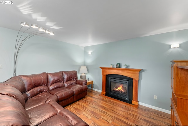 living room with a glass covered fireplace, light wood-type flooring, and baseboards