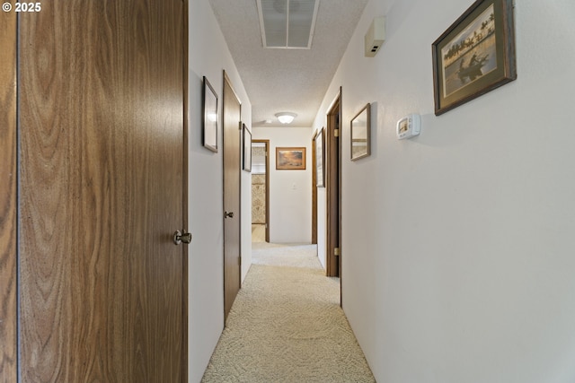 hall featuring light colored carpet and a textured ceiling