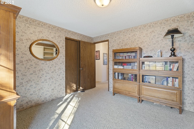 interior space featuring light colored carpet and a textured ceiling