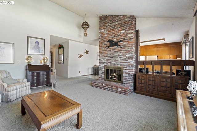 living room featuring a brick fireplace, carpet floors, and plenty of natural light