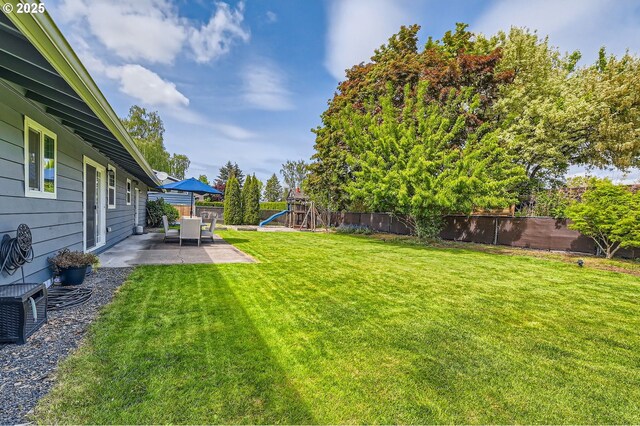 view of yard featuring a patio, a fenced backyard, and a playground