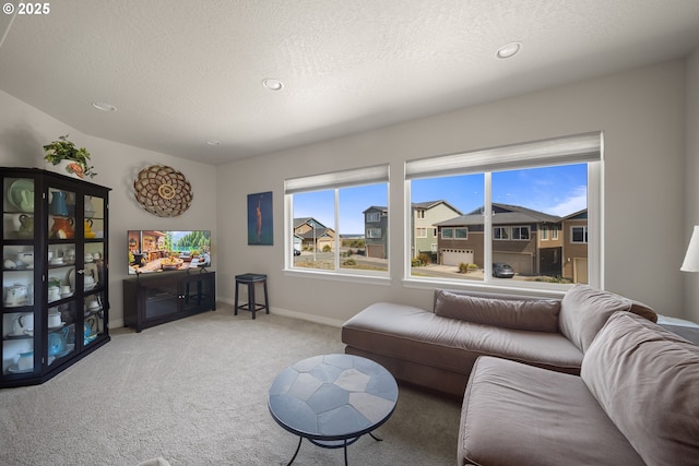 29027 Vizcaino Ct, Gold Beach, OR 97444 - carpeted living room with baseboards, a textured ceiling, and recessed lighting