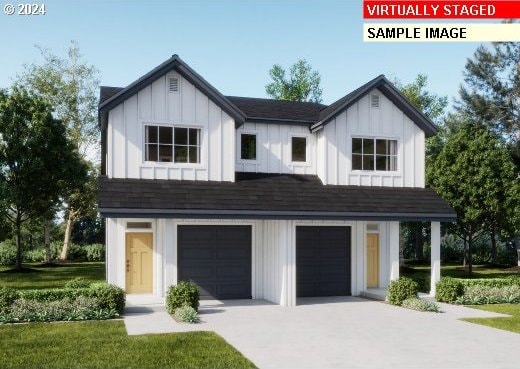 modern farmhouse featuring board and batten siding, concrete driveway, and a garage