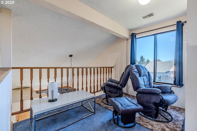 sitting room featuring lofted ceiling and a textured ceiling