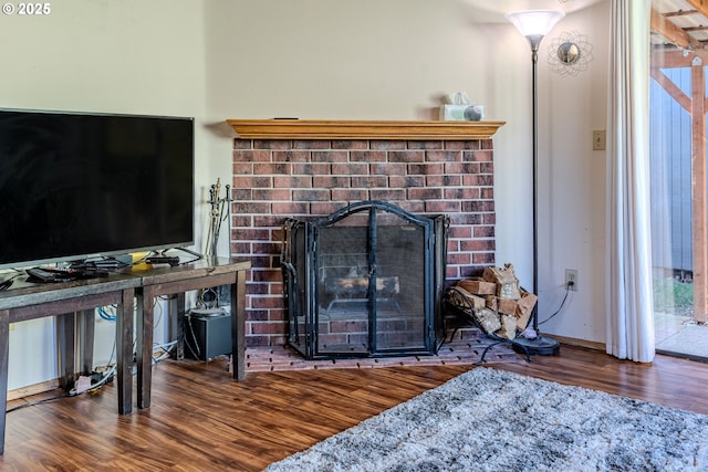 details featuring hardwood / wood-style floors and a fireplace