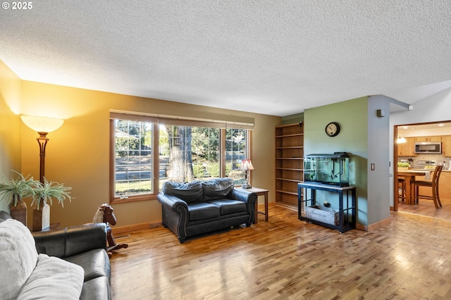 living room featuring light hardwood / wood-style flooring and a textured ceiling