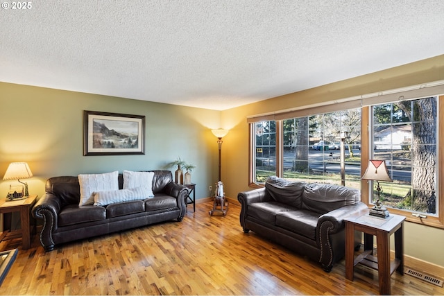 living room featuring a textured ceiling and light hardwood / wood-style floors