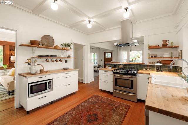 kitchen featuring wood counters, open shelves, stainless steel appliances, and island range hood