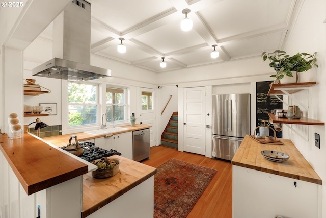 kitchen featuring open shelves, extractor fan, a sink, wood counters, and stainless steel appliances