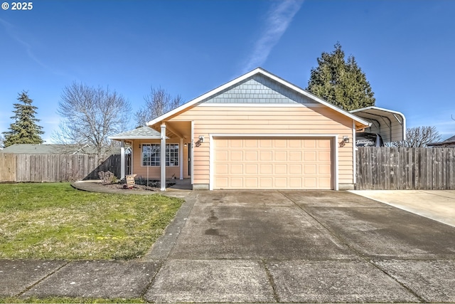 view of front facade featuring a garage, concrete driveway, fence, a front lawn, and a carport