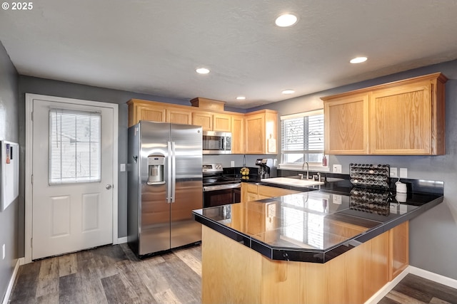 kitchen with a peninsula, appliances with stainless steel finishes, wood finished floors, and light brown cabinetry