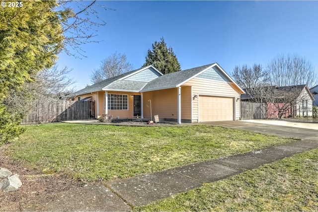 ranch-style house with an attached garage, concrete driveway, a front yard, and fence