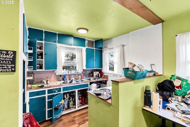 12107 SE Carlton St, Portland, OR 97266 - kitchen with wood finished floors, a sink, blue cabinetry, and tasteful backsplash