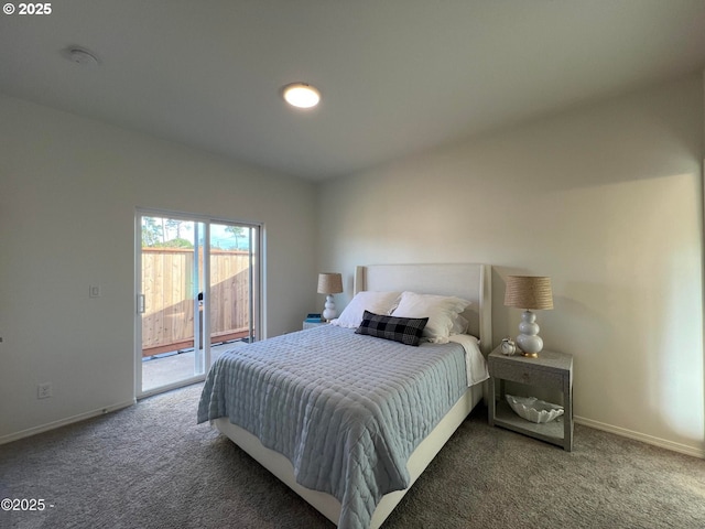 bedroom with access to exterior, carpet, and baseboards