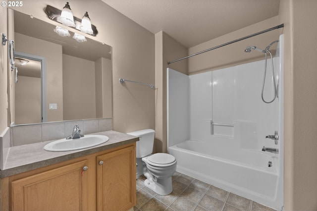 full bath featuring shower / bathtub combination, tile patterned flooring, vanity, and toilet