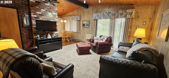 5840 Hacienda Ave, Lincoln City, OR 97367 - carpeted living room with wooden walls, wood ceiling, a ceiling fan, and baseboard heating
