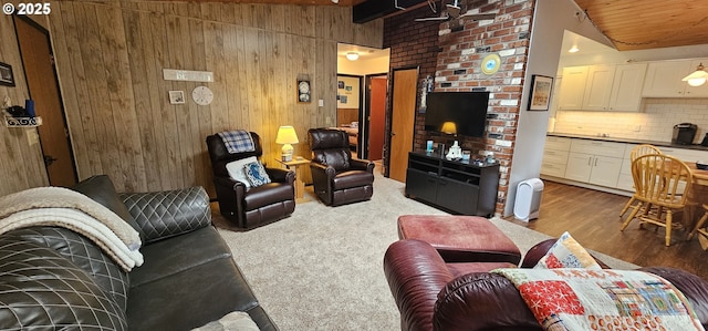 5840 Hacienda Ave, Lincoln City, OR 97367 - living area with wood walls, wood ceiling, vaulted ceiling, and wood finished floors
