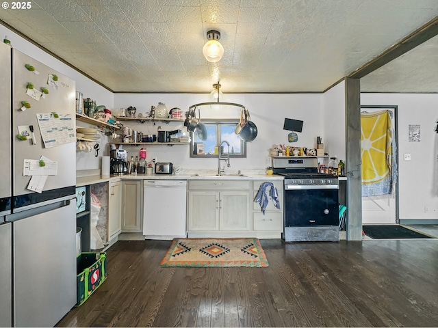 kitchen featuring a sink, dark wood-style floors, stainless steel appliances, and light countertops