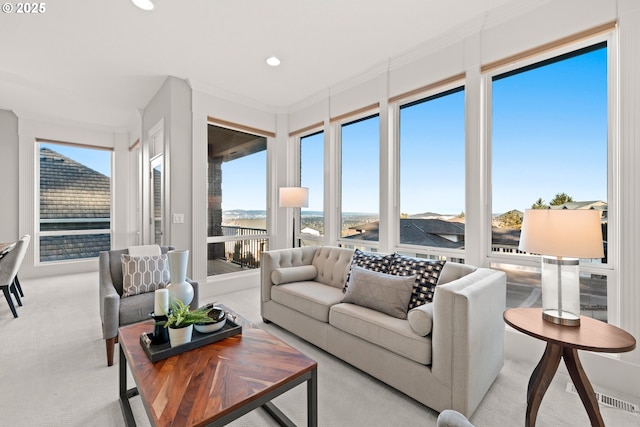 sunroom with light colored carpet