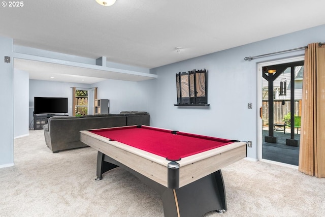 recreation room with billiards, baseboards, and carpet