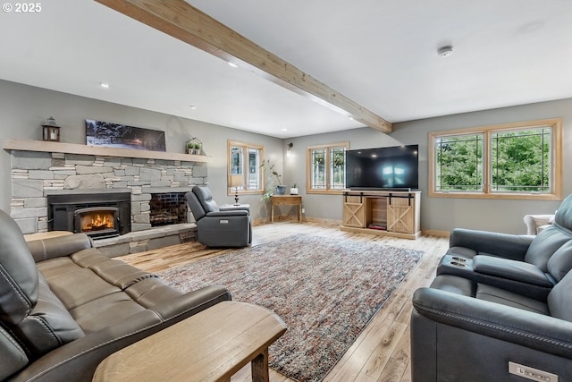 24601 SW 65th Ave, Tualatin, OR 97062 - living room featuring beamed ceiling, wood finished floors, baseboards, a fireplace, and recessed lighting