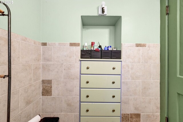 803 Main St, Philomath, OR 97370 - bathroom with a wainscoted wall and tile walls