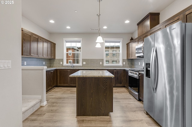 kitchen with light wood-style flooring, a sink, decorative backsplash, stainless steel appliances, and a center island