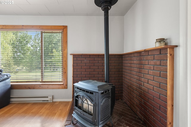 1175 Northside Rd, Sutherlin, OR 97479 - detailed view of a wood stove, a baseboard radiator, and wood finished floors