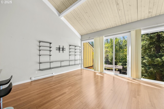 4 Touchstone # 138, Lake Oswego, OR 97035 - unfurnished living room featuring baseboard heating, wooden ceiling, wood finished floors, and baseboards