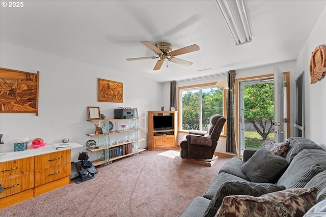 1021 Starlight St, The Dalles, OR 97058 - living room featuring ceiling fan and light colored carpet
