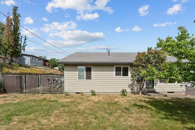 1021 Starlight St, The Dalles, OR 97058 - rear view of property with a gate, a shingled roof, and crawl space