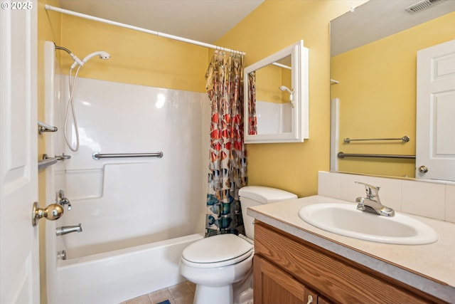 full bathroom with vanity, shower / bathtub combination with curtain, and toilet