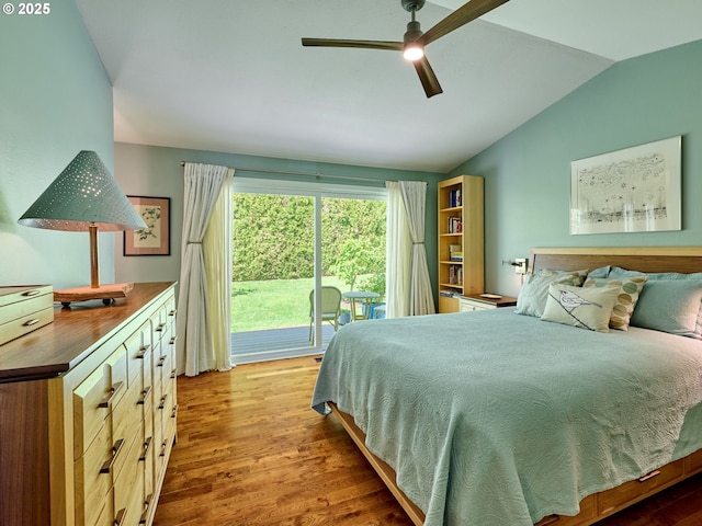 2235 Juntura Ct S, Salem, OR 97302 - bedroom with access to outside, a ceiling fan, vaulted ceiling, and wood finished floors