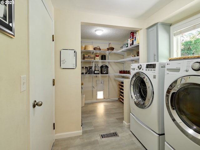 2235 Juntura Ct S, Salem, OR 97302 - laundry room with laundry area, a textured ceiling, visible vents, washing machine and clothes dryer, and baseboards