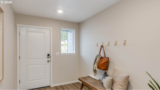 foyer entrance with baseboards and light wood-style flooring