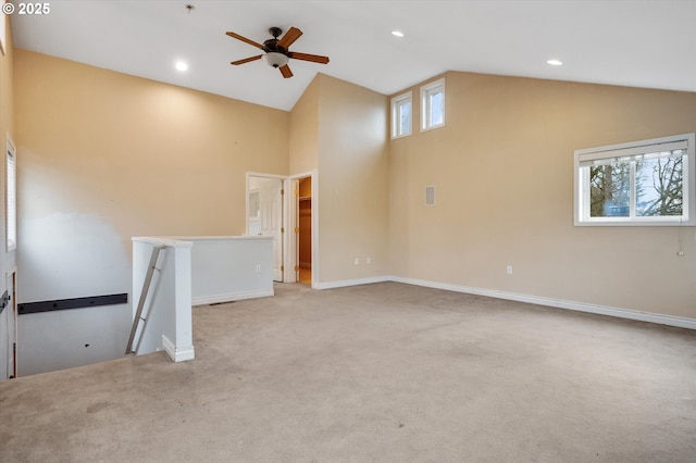 7080 SW Taylors Ferry Rd, Portland, OR 97223 - empty room featuring carpet flooring, a ceiling fan, high vaulted ceiling, baseboards, and recessed lighting